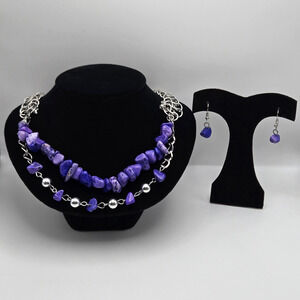 Necklace Earring Set Purple Stone Silvertone Tiered Boho Cocktail Maximalist NEW